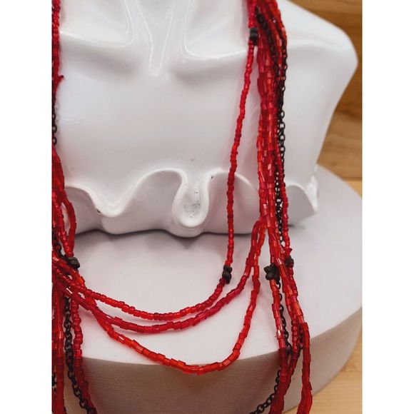 Vintage Multi Strand Layered Red Seed Beads and Bronze Color Flower Necklace - Picture 7 of 9